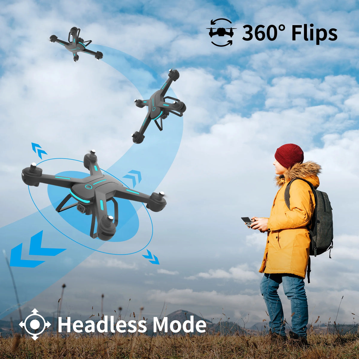 JY03 HD FPV Drone with 1080P Camera, Optical Flow Sensor, LED Lights, and Dual Batteries for Adults and Kids - Black