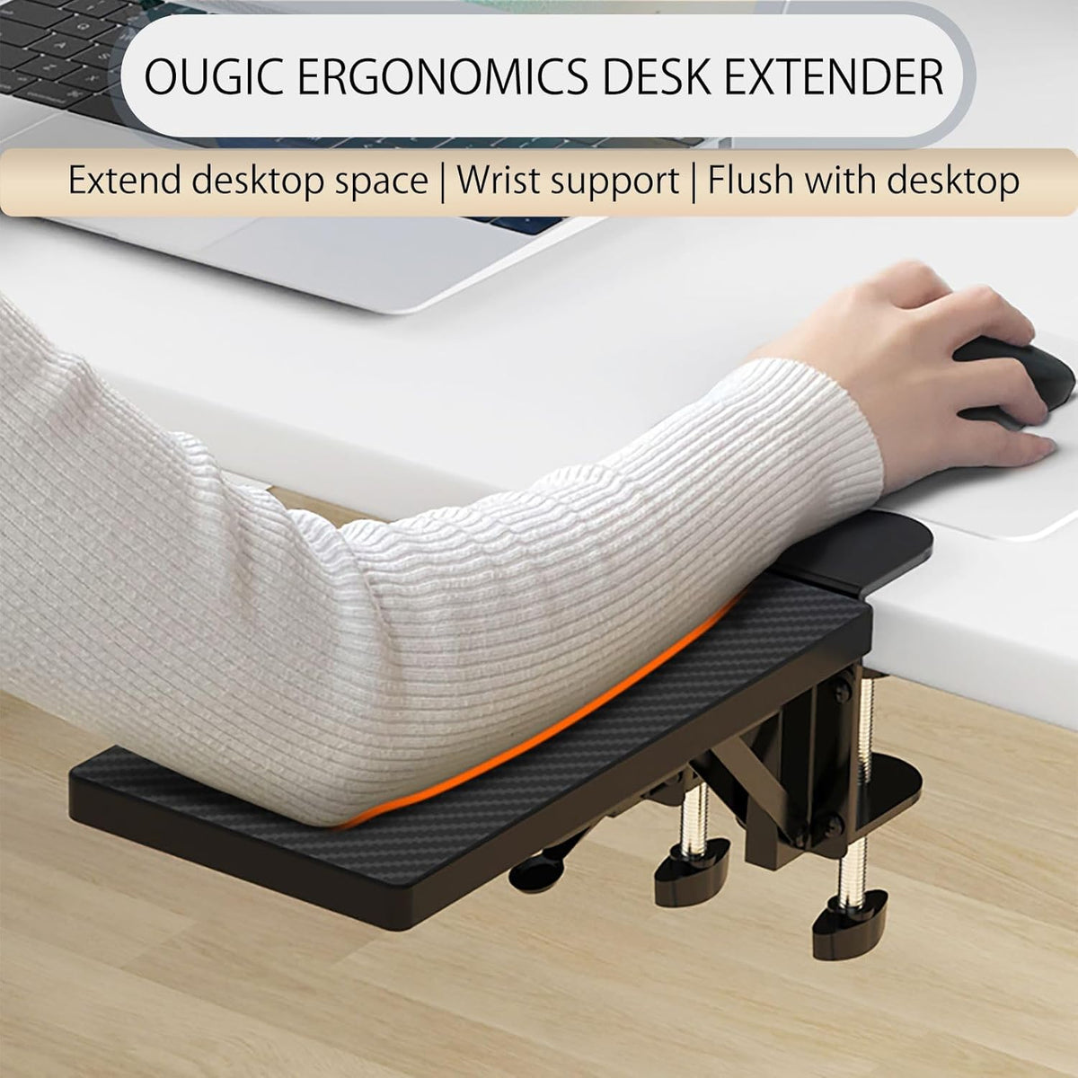 OUGIC Ergonomic Desk Extension Tray - 30 x 15 cm, Clamp-On Design, Foldable Keyboard Drawer with Wrist Rest, Computer Stand
