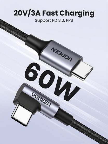 60W Right Angle USB-C Fast Charging Cable, 2-Pack, 6.6 Feet