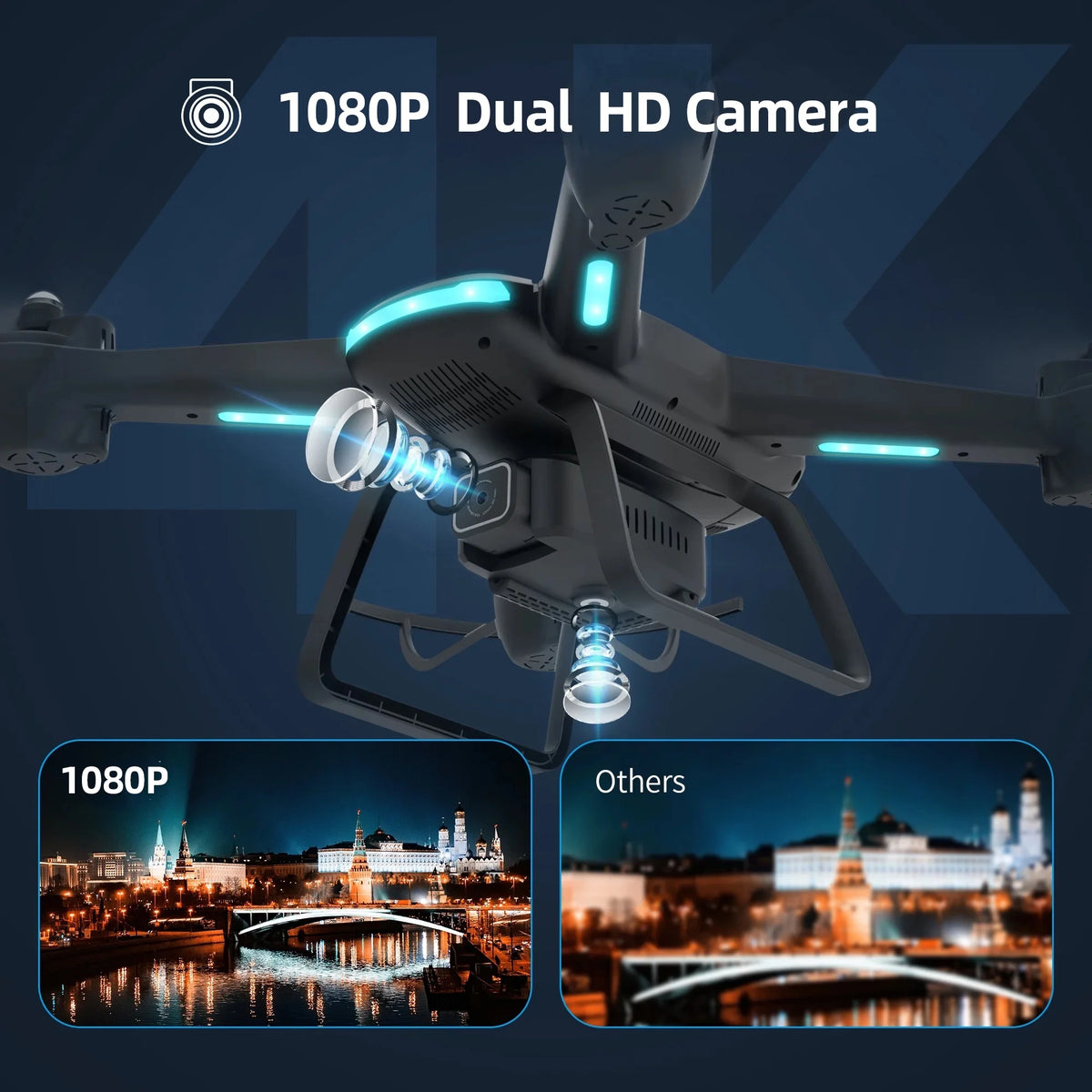 JY03 HD FPV Drone with 1080P Camera, Optical Flow Sensor, LED Lights, and Dual Batteries for Adults and Kids - Black