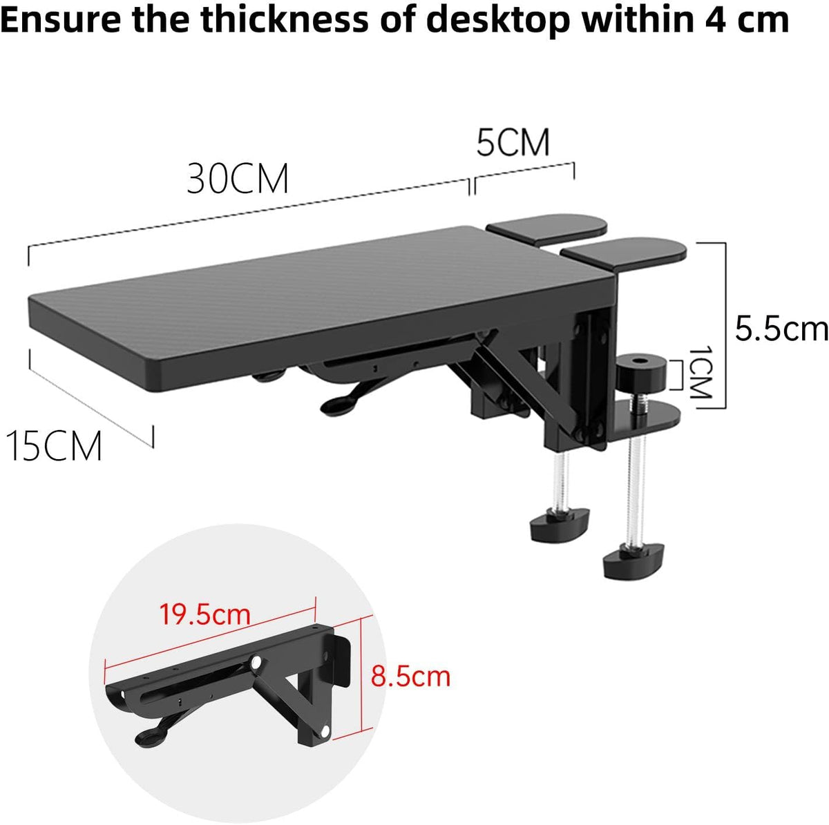 OUGIC Ergonomic Desk Extension Tray - 30 x 15 cm, Clamp-On Design, Foldable Keyboard Drawer with Wrist Rest, Computer Stand