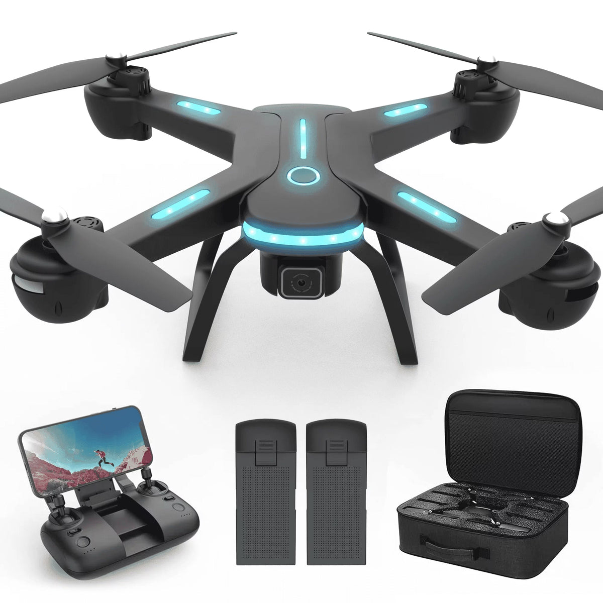 JY03 HD FPV Drone with 1080P Camera, Optical Flow Sensor, LED Lights, and Dual Batteries for Adults and Kids - Black