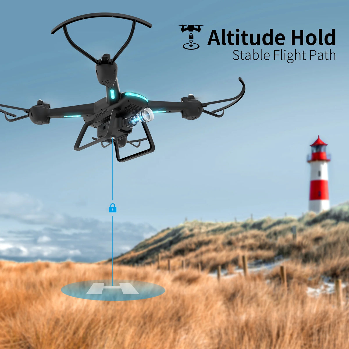 JY03 HD FPV Drone with 1080P Camera, Optical Flow Sensor, LED Lights, and Dual Batteries for Adults and Kids - Black