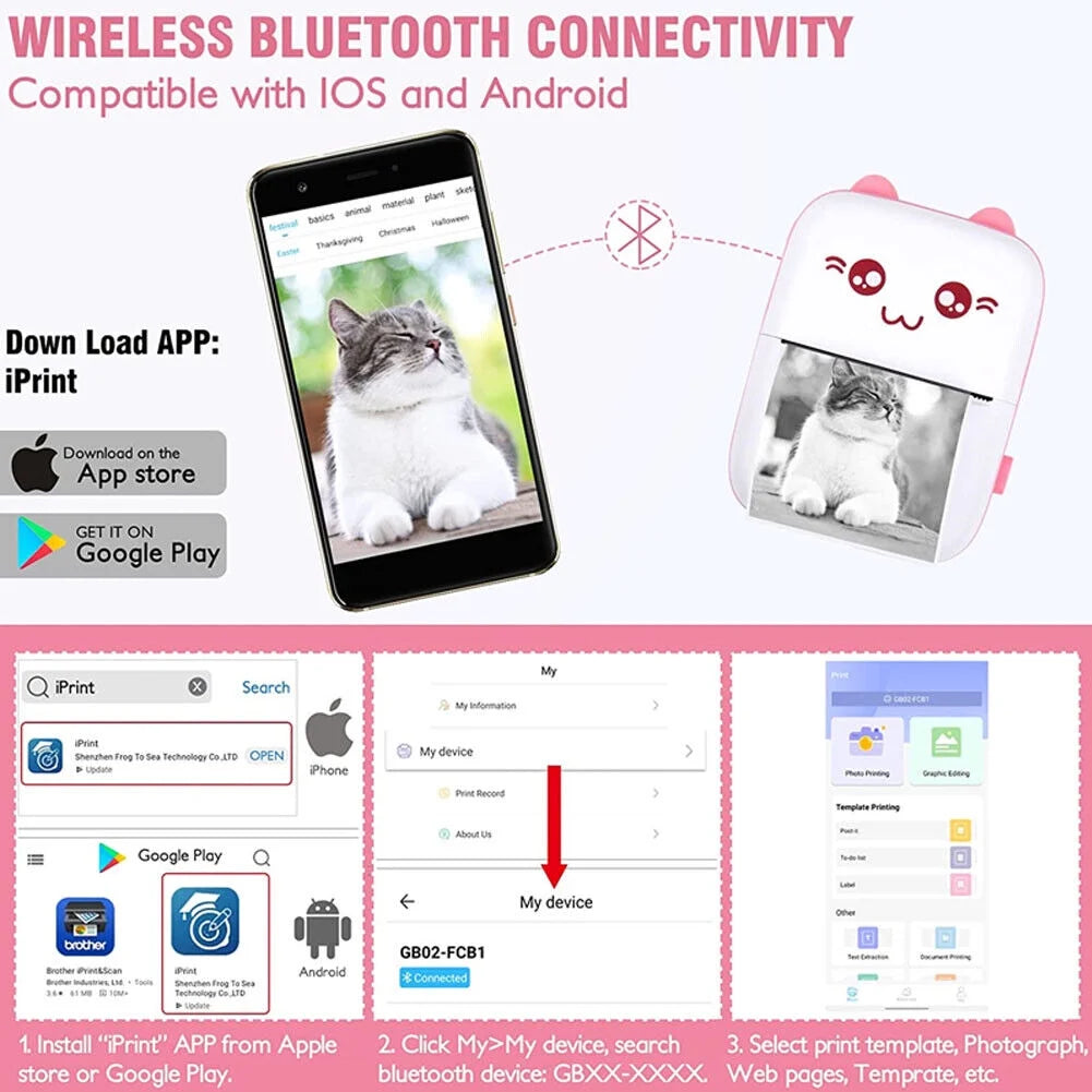 Portable Mini Thermal Printer, Wireless Bluetooth Compatible with iOS and Android for Photo, Receipt, and Label Printing