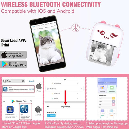 Portable Mini Thermal Printer, Wireless Bluetooth Compatible with iOS and Android for Photo, Receipt, and Label Printing
